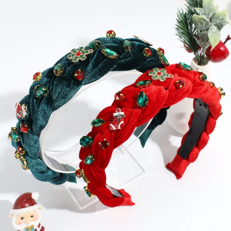 Wholesale Christmas Wide Fried Dough Twists Braid Rhinestone Cloth Headband