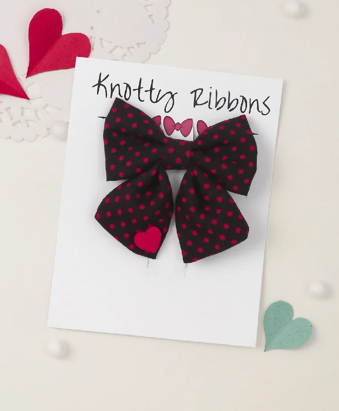 Polka Dots Sailor Bow with Heart Alligator Clip - Black