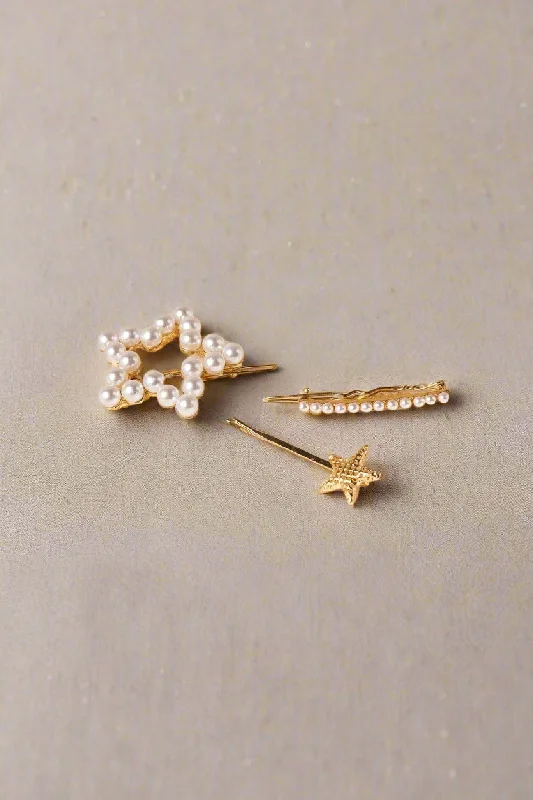 Pearl and Gold Star Hair Pin Set - Elegant Hair Accessories