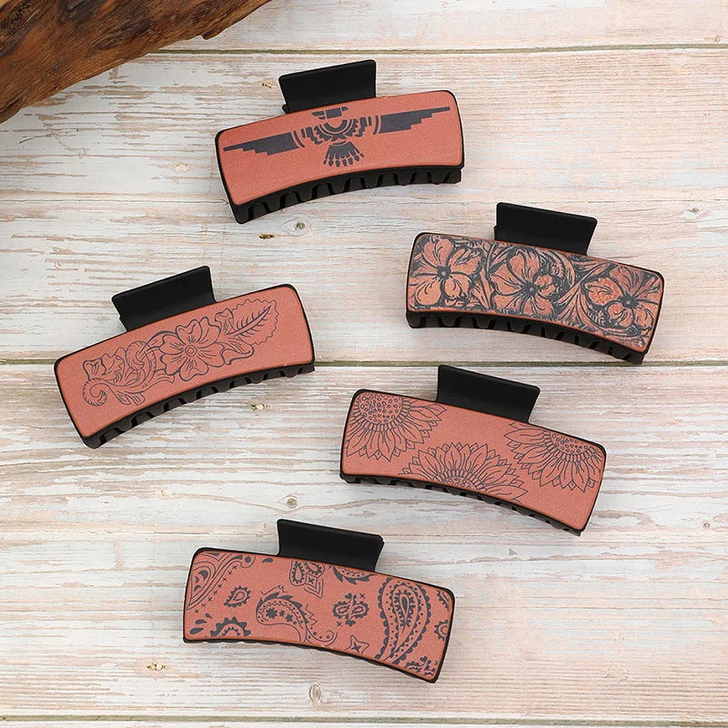 Wholesale Western Style Vintage Printed Leather Hair Clips