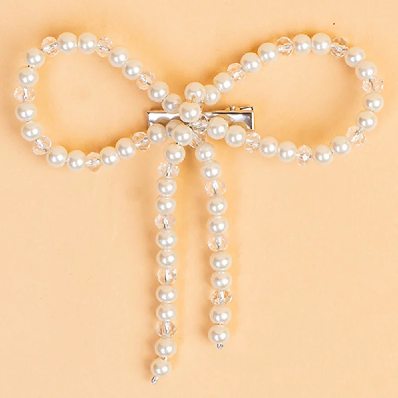 Embellished Pearl & Crystal Beads Hair Bow Alligator Clip - Off-White