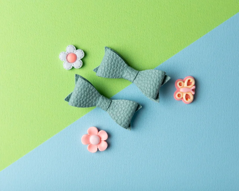 Petite Faux Leather Mini Bow Hair Clip- Aqua Blue