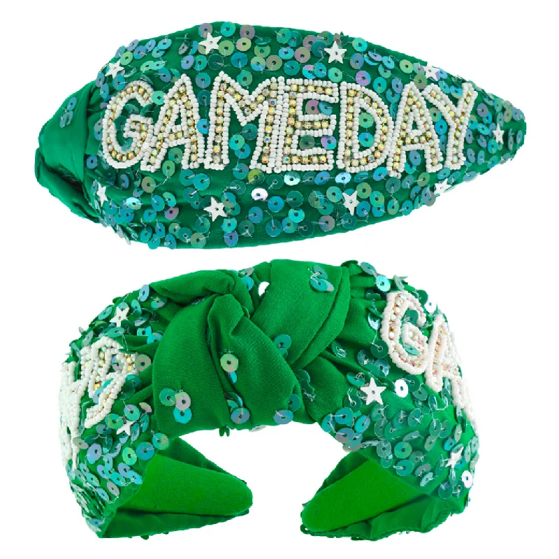 Green and White Game Day Jeweled Knotted Headband (Each)