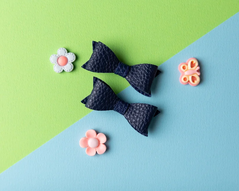 Petite Faux Leather Mini Bow Hair Clip- Navy Blue