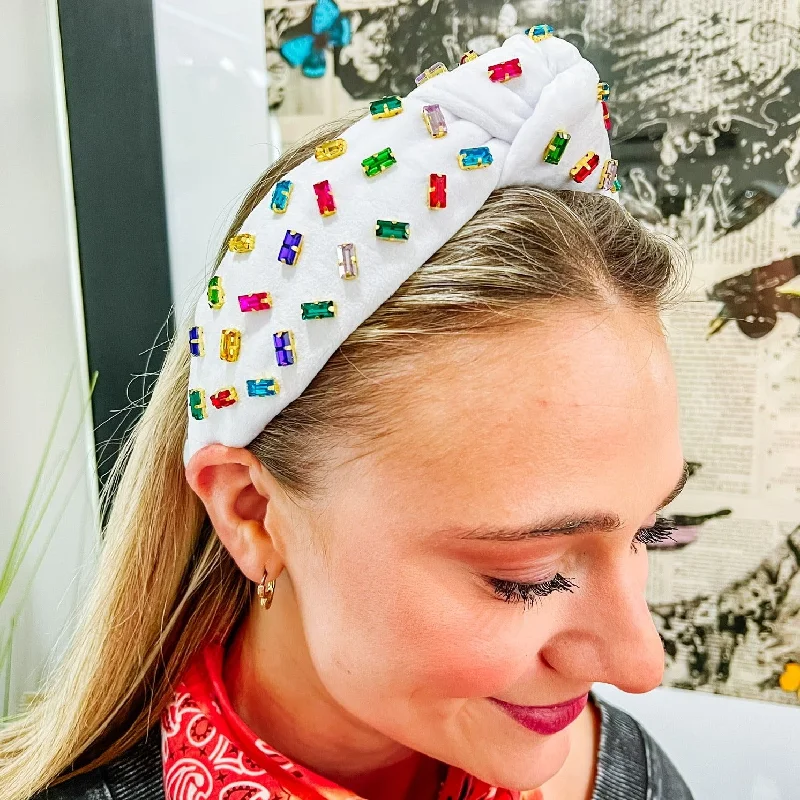 White Velvet Headband w/ Confetti Rainbow Crystals