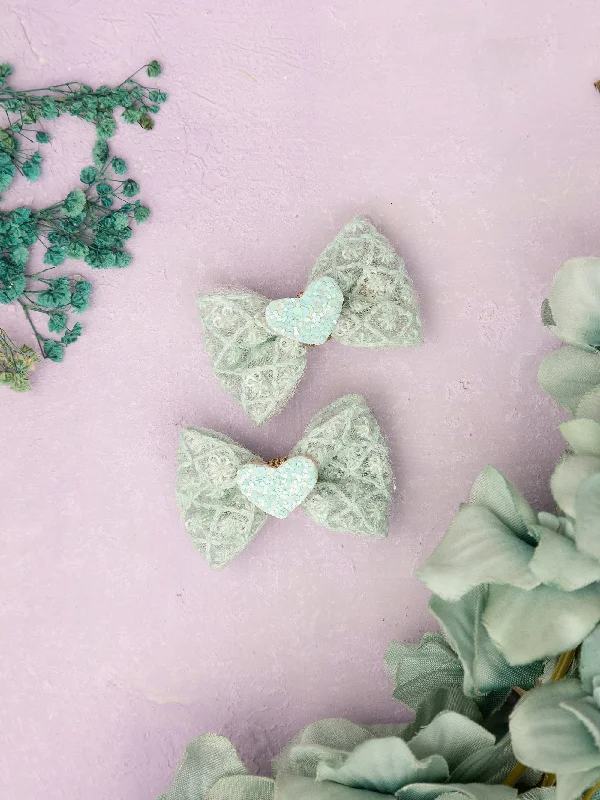 Heart Appliqued Bow Alligator Clips- Sea Green