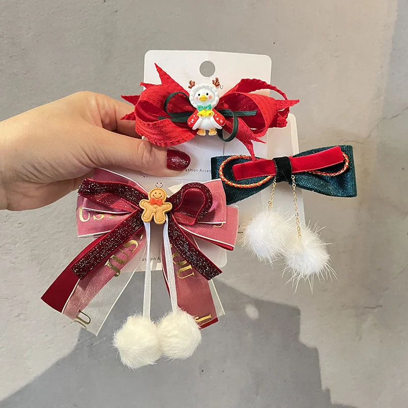 Wholesale Christmas Children's Hair Ball Double Layer Bow Bell Fabric Hairpin