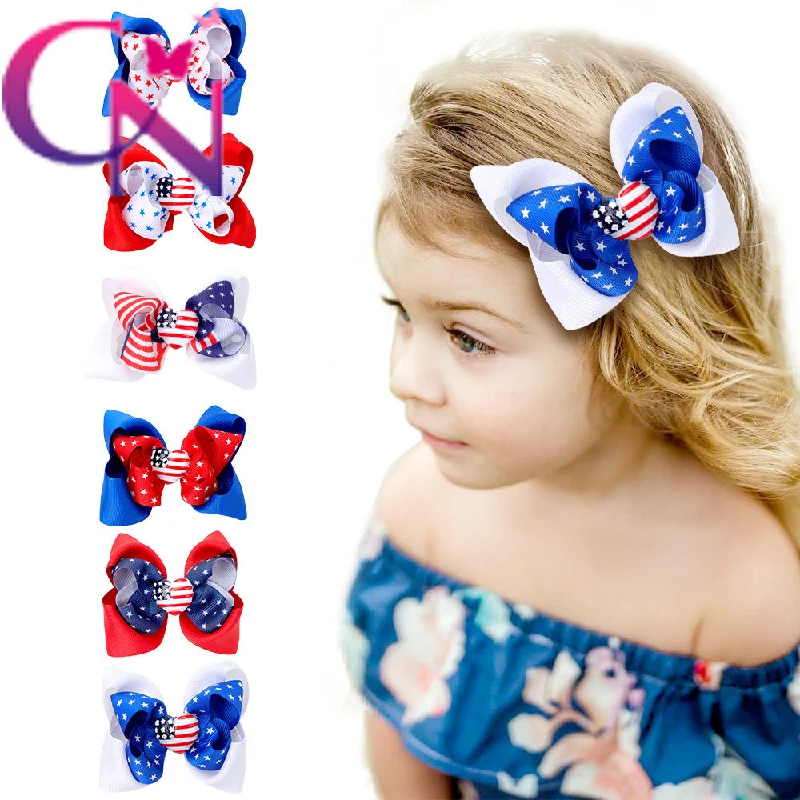 Wholesale Kids Bow Independence Day Tricolor Flag Bubble Flower Hair Clips