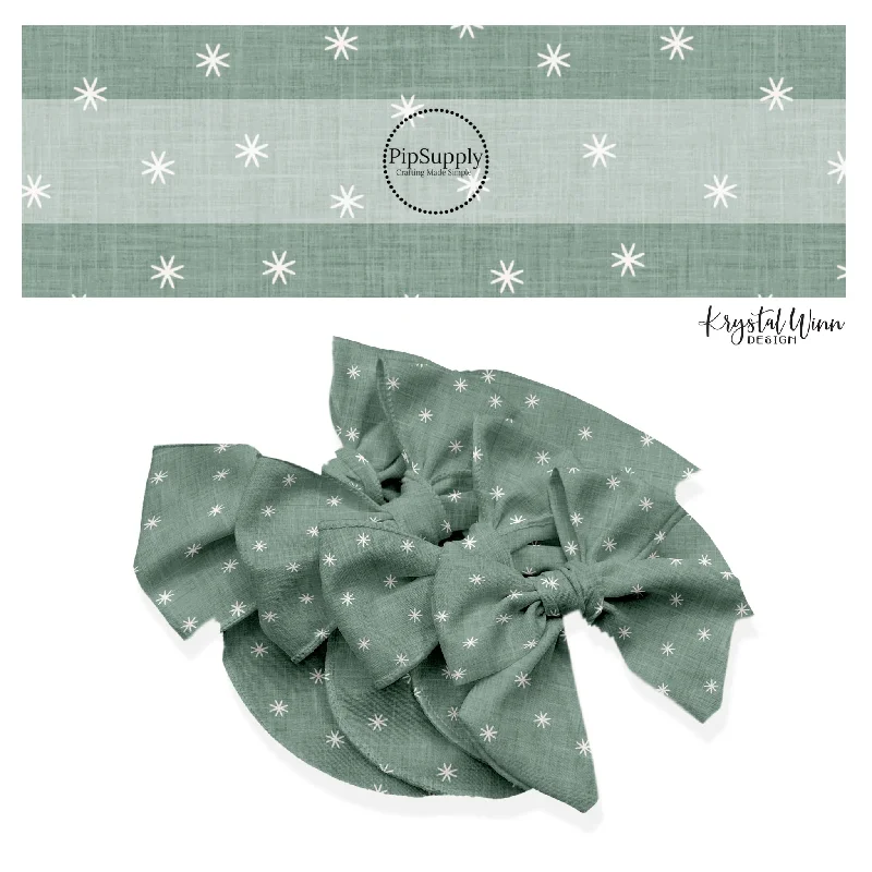 Snowflakes on Sage Faux Linen Hair Bow Strips