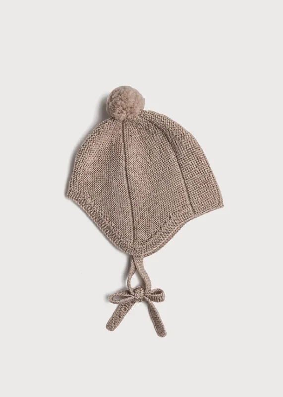 Knitted Merino Wool Winter Bonnet in Oatmeal (S-L)