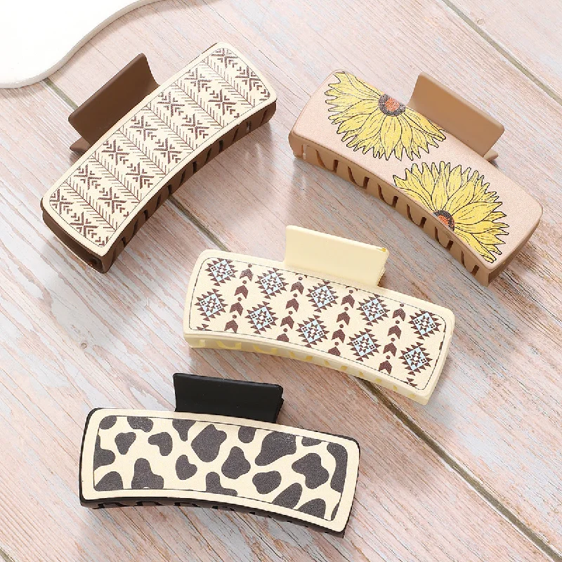 Wholesale Retro Cow Pattern Western Style Aztec Sunflower PU Shark Clip Hair Clip