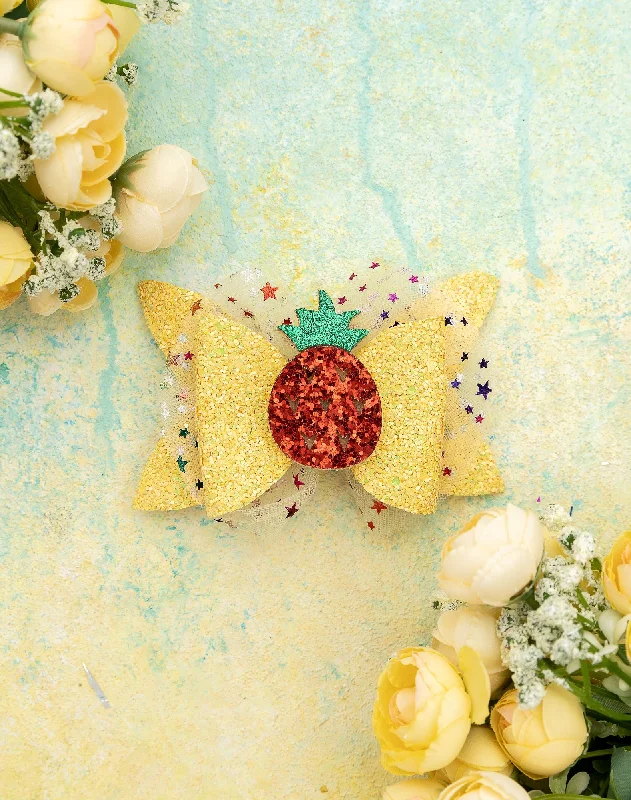 Girls Glitter Bow Alligator Hair Clip with Pineapple Applique- Yellow