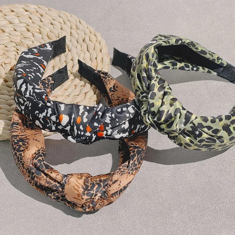 Wholesale Spotted Leopard Wide Brimming Crossover Knotted Headbands