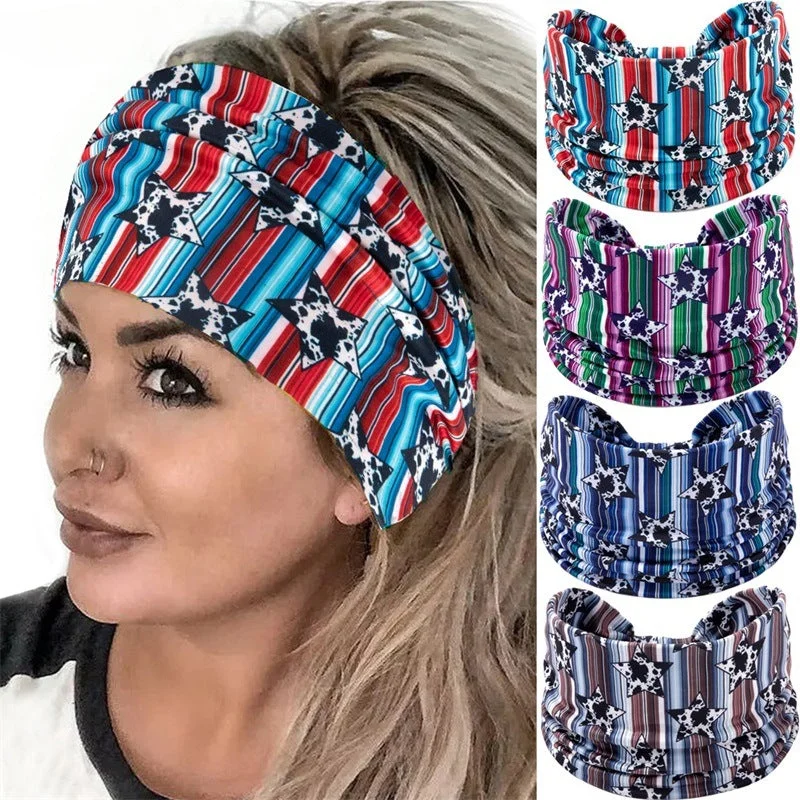 Wholesale Sports Hairband with Wide Edges and Ends Colorful Striped Star Bandana Cloth Headband 10pcs