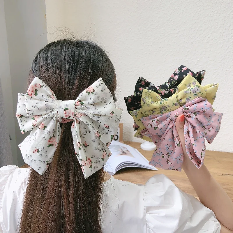 Wholesale Three-layer Floral Large Bow Fabric Chiffon Back Head Spring Clip