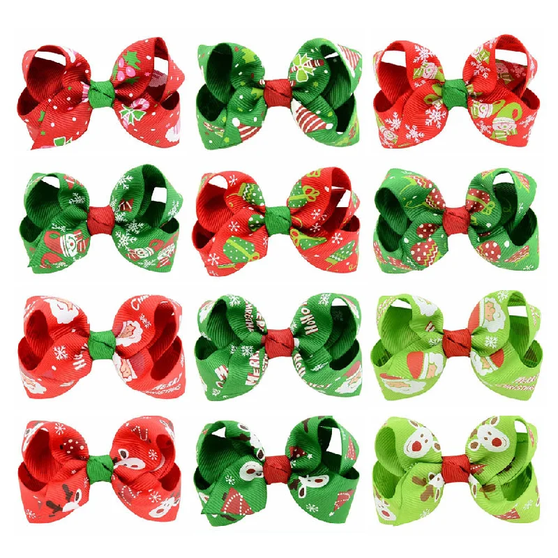 Wholesale Christmas children's printed bow baby polyester rib tape hair accessories