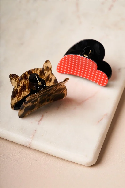 2pcs Cheetah Print and Polka Dot Small Butterfly Clips