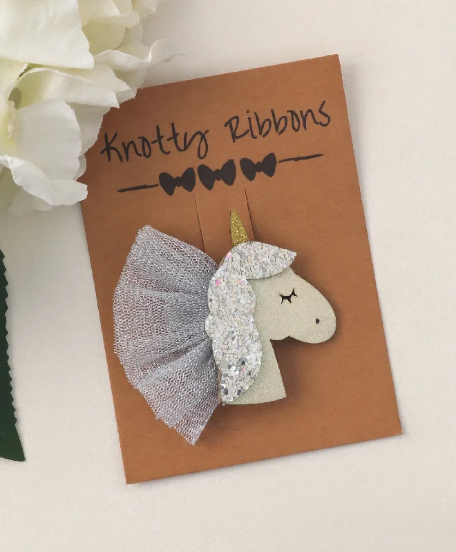 Glitter Unicorn Alligator Clip - Silver