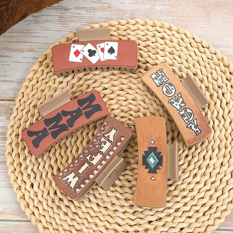 Wholesale Western Style MAMA Playing Cards HOWDY Leather Hair Clip