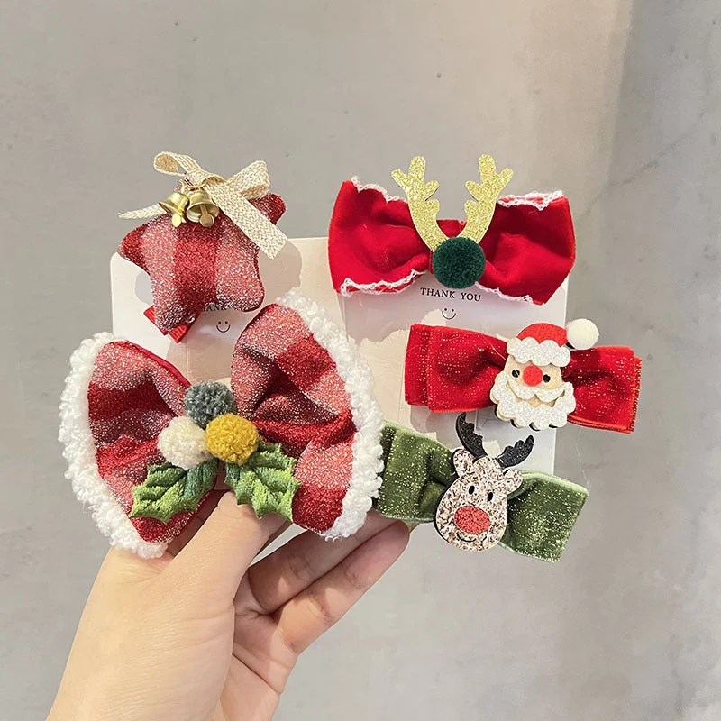 Wholesale Children's Christmas Fur Ball Bow Fabric Hairpin