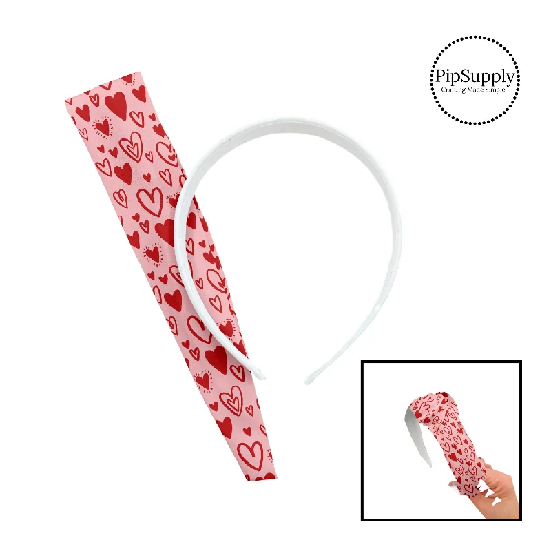 Red Doodle Hearts on Peachy Pink DIY Knotted Headband Kit